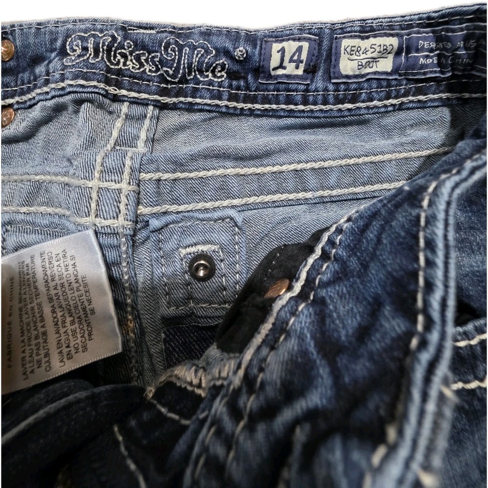 Girls Miss Me Bootcut Jeans Size 14 Medium Wash Thick Stitch Embellished 24x28.5 - Picture 2 of 11